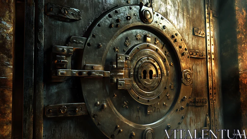 Massive steel vault door glows under dramatic golden light