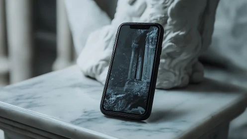 Modern phone quietly resting among cool marble sculpture