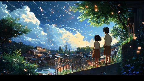 Childhood friends watch a glowing summer evening sky together.