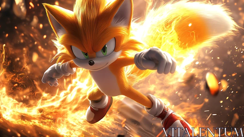 Flaming twin tailed hero rockets through molten sparks