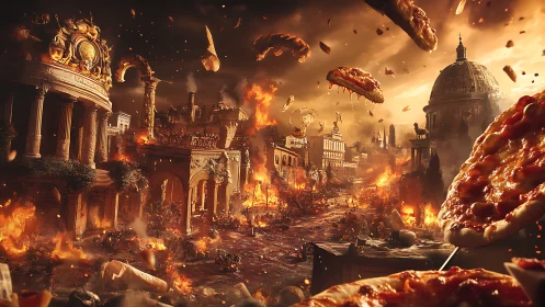 Apocalyptic Roman avenue under flaming pizza bombardment.