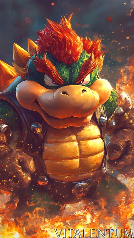 Digital painting of firelit reptilian boss in dynamic portrait.