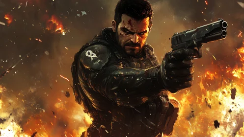 Battle-hardened soldier aiming pistol amid explosions.