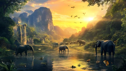 Sunlit elephant herd crossing lush jungle river at dawn.