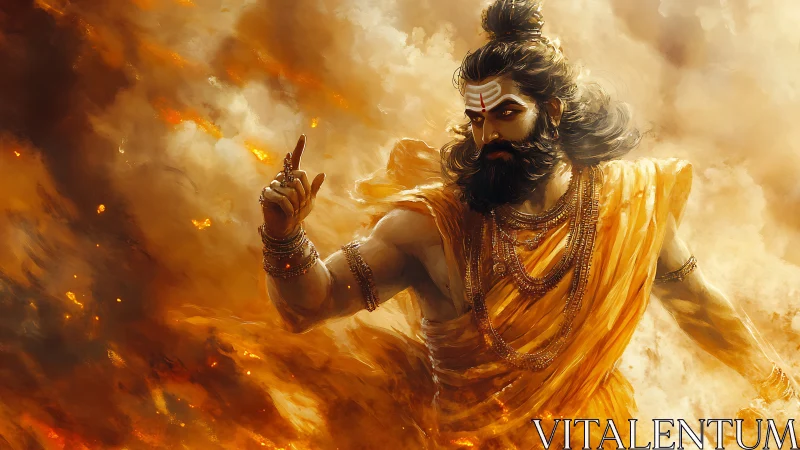 Mythic warrior sage in swirling golden firestorm atmosphere