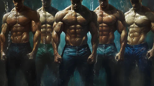 Row of muscular male figures stands in moody misted light