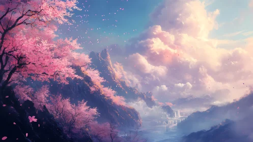 Dreamlike sakura cliffs above luminous misty valley.