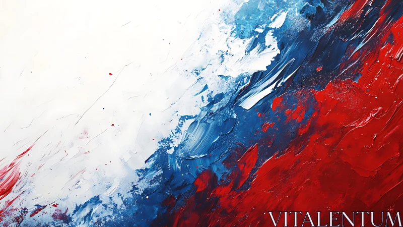 Dynamic Abstract Painting with Red, Blue, and White Palette.