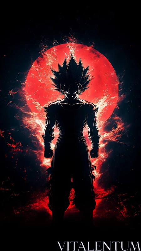 Silhouetted spiky-haired fighter stands before red energy disk