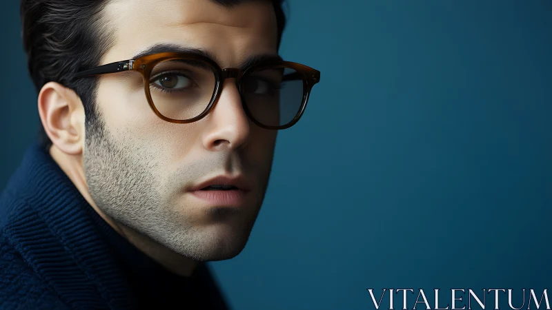 Contemplative man in glasses gazes softly against teal backdrop