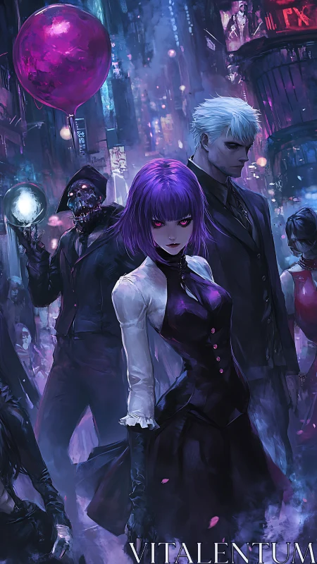 Purple haired woman leads dark crew in neon city street