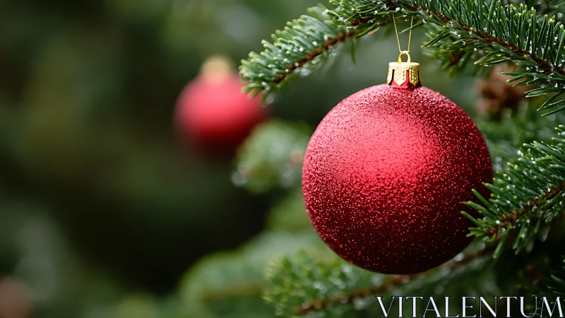 Red Christmas bauble hangs on evergreen branch in sharp focus
