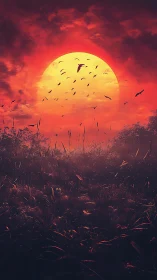Digital painting of crimson sunset marsh with silhouetted birds.