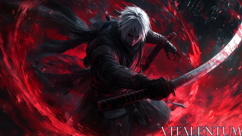 White haired swordsman cuts through swirling red energy vortex