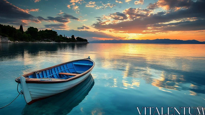 Solitary wooden rowboat cradles the sunset’s mirrored sea glow