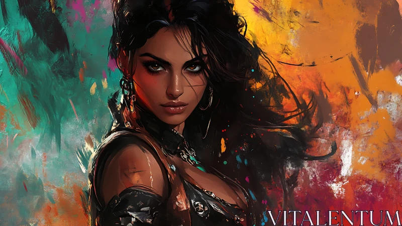 Fierce warrior woman emerges against blazing abstract storm