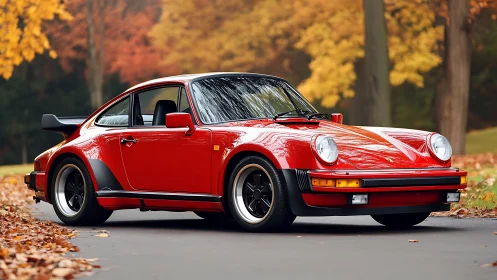 Red classic sports coupe glows against golden autumn trees.