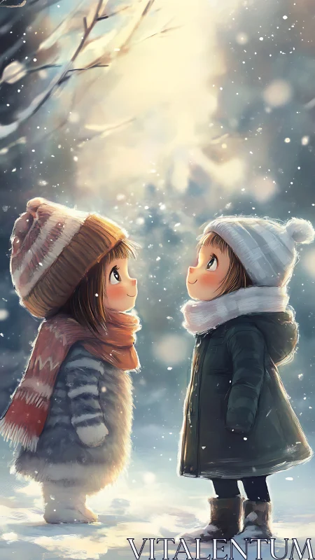 Two children standing in winter snowfall, soft light scene.