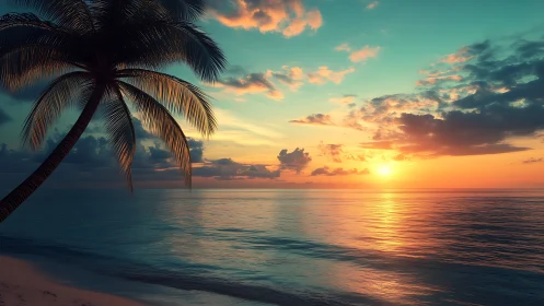 Tropical shoreline with palm silhouette at ocean sunset.