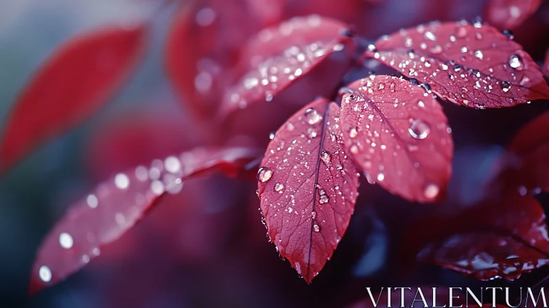 Macro photograph isolates crimson leaves with raindrop bokeh