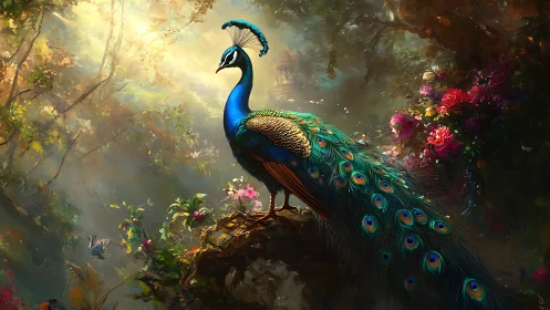 Majestic peacock in enchanted forest, digital fantasy art style.
