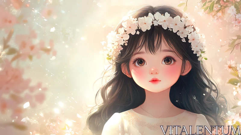 Softly illuminated anime girl with floral crown in spring haze