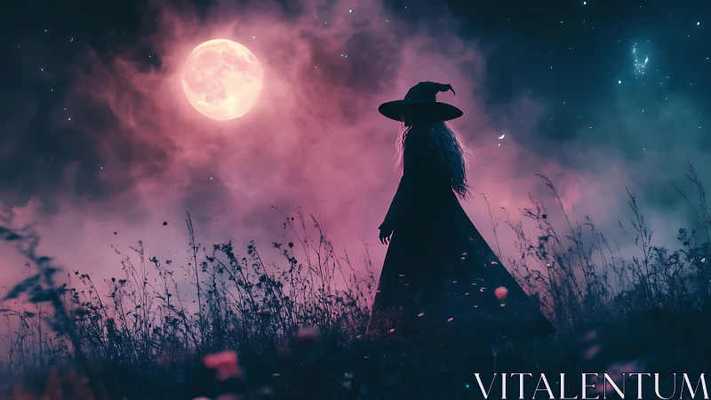 Silhouetted witch under pink moon in foggy night field.