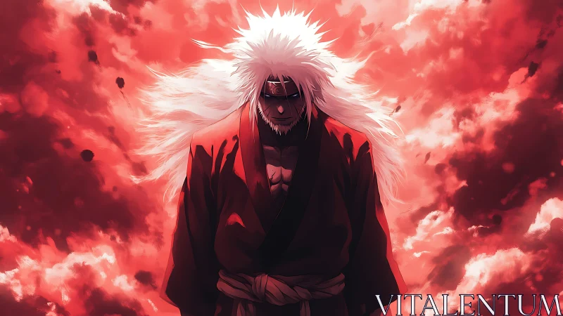 White haired warrior stands in crimson stormlit clouds