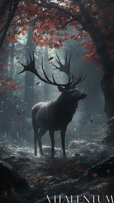 Majestic stag stands in a misty crimson forest at dawn
