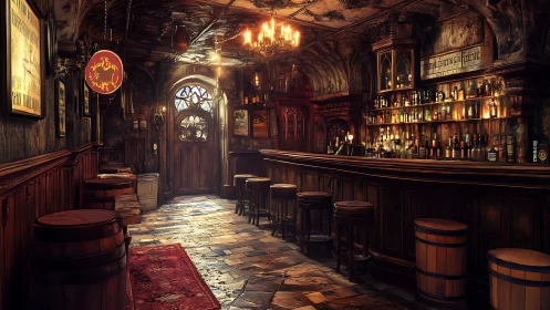 Cozy old tavern interior glows with warm, inviting candlelight