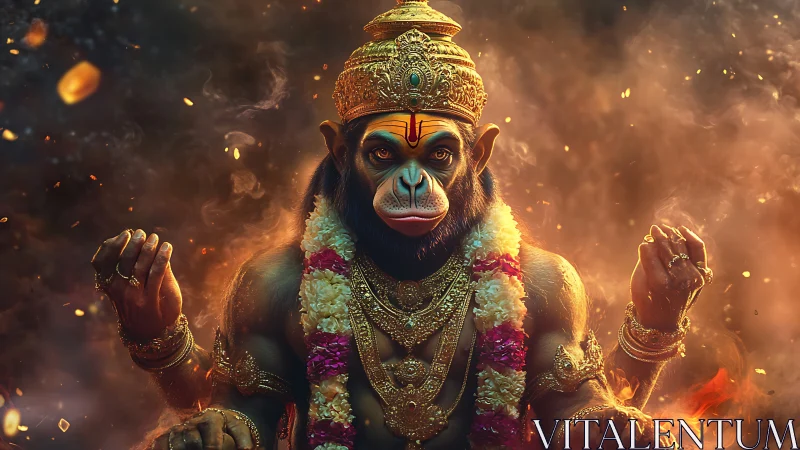 Regal monkey deity in burning cosmic haze portrait.