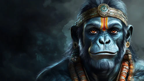 Mythic blue simian warrior in ornate golden regalia.