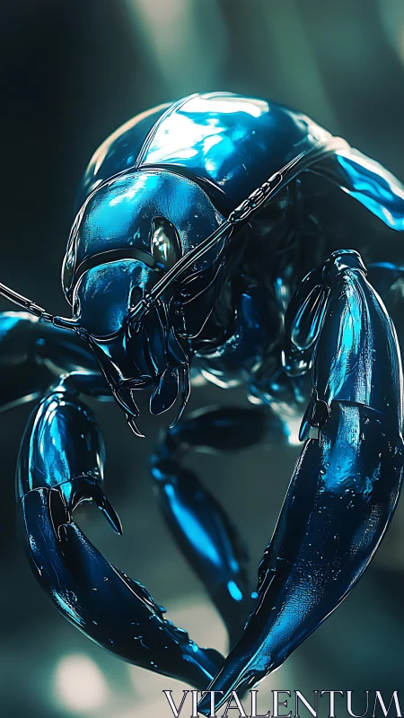 Chrome blue cyber beetle with articulated armored claws.