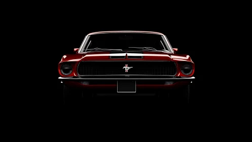 Classic red muscle car front view in dramatic low key lighting.