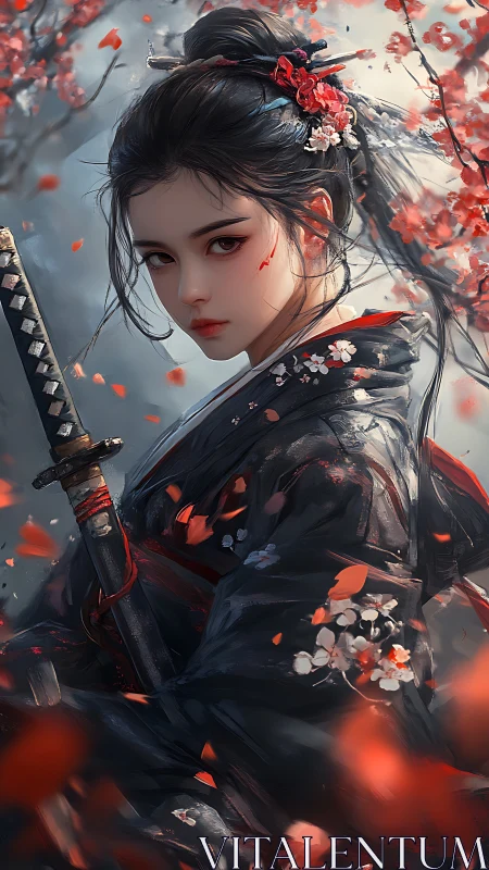 Samurai woman grips katana amid drifting red blossoms