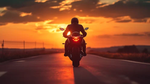 Motorcyclist rides empty highway under vivid sunset sky.