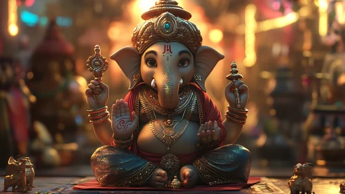Gentle Ganesha idol glows softly in a warm festive light