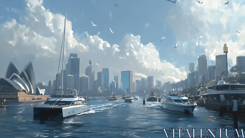 Sunlit harbor ballet with sleek yachts and city sparkles.