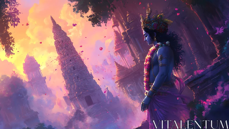 Divine blue figure walks through glowing temple dawn haze