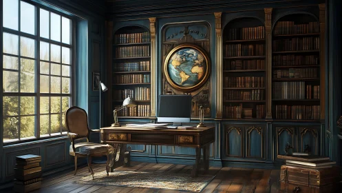 Elegant blue home library blends vintage charm and modern tech.