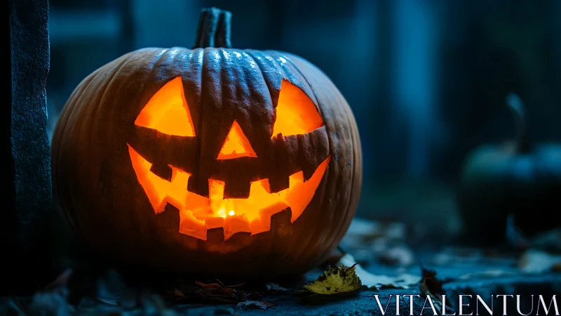 Glowing jack o lantern smiling warmly on a cool night.