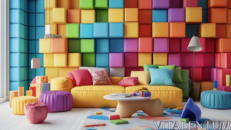 Playful modular living room with bold chromatic cubes wall.