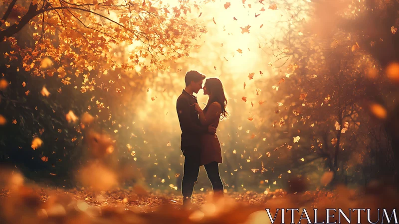 Couple Embracing in Golden Autumn Leaves.