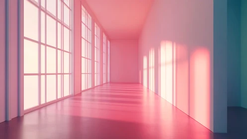 Soft pink daylight floods a minimal glass-walled corridor