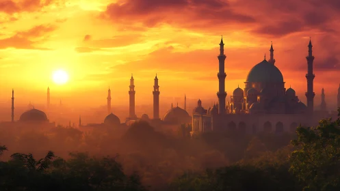Sunlit mosque skyline is shown under dense atmospheric haze