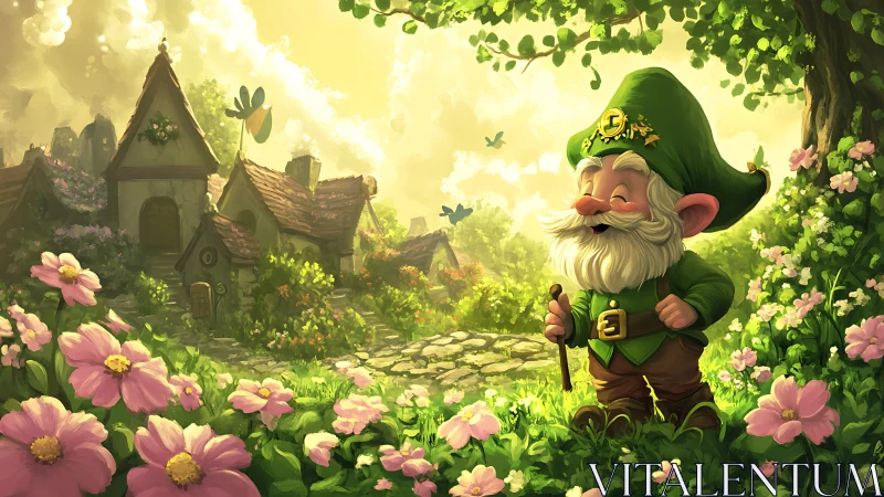 Cheerful forest gnome strolls through sunny flower village.