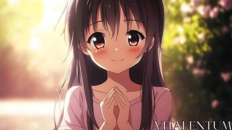 Warm sunset anime girl sharing a shy, gentle smile.