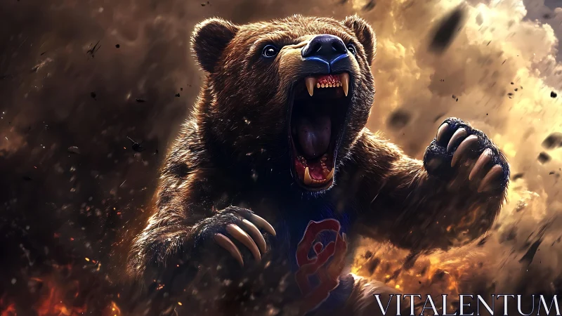 Roaring armored bear charges through swirling fiery chaos.