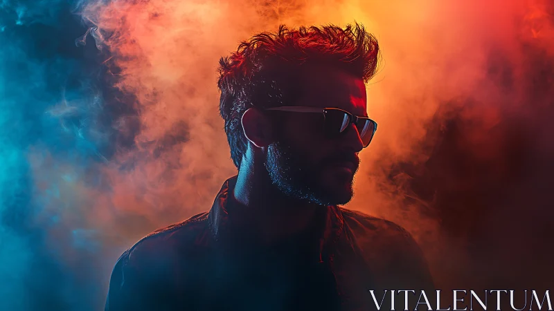 Backlit male silhouette in bicolor cinematic atmospheric haze