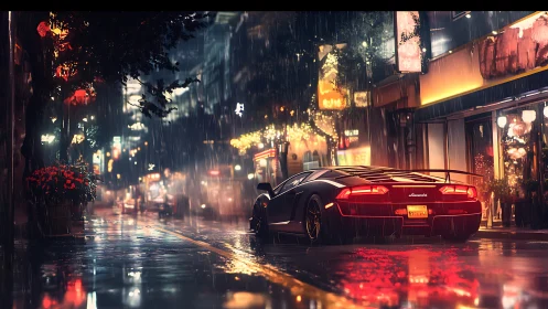 Sports car on wet neon city street at night in rain.